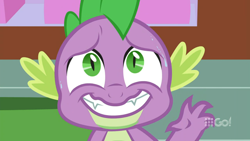 Size: 1600x900 | Tagged: safe, imported from derpibooru, screencap, spike, cakes for the memories, spoiler:cakes for the memories, spoiler:mlp friendship is forever, male, nervous, nervous grin, solo, sweat, watermark, waving