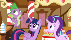 Size: 1600x900 | Tagged: safe, imported from derpibooru, screencap, spike, starlight glimmer, twilight sparkle, alicorn, dragon, cakes for the memories, spoiler:cakes for the memories, spoiler:mlp friendship is forever, flying, subtle as a train wreck, sugarcube corner, twilight sparkle (alicorn), watermark, winged spike, wings