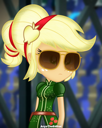 Size: 2000x2500 | Tagged: safe, artist:aryatheeditor, imported from derpibooru, applejack, equestria girls, friendship games, apple, archery, aviator glasses, aviator sunglasses, band, belt, competition, cutie mark, digital art, female, food, geode of super strength, hair, hairpin, magical geodes, outfit, photo, solo, sunglasses