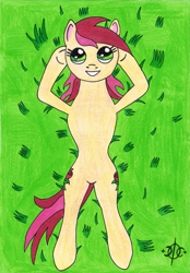 Size: 1149x1654 | Tagged: safe, artist:assertiveshypony, imported from derpibooru, roseluck, earth pony, pony, female, grassfield, hooves behind head, lying, smiling, solo, traditional art