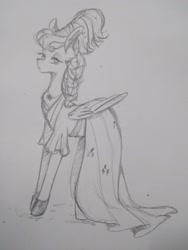 Size: 1560x2080 | Tagged: safe, artist:phattaraphorn_1, artist:tar, imported from derpibooru, rainbow dash, pegasus, pony, sparkle's seven, alternate hairstyle, clothes, dress, female, megaradash, monochrome, sketch, solo, traditional art