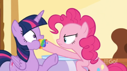 Size: 1600x900 | Tagged: safe, edit, edited screencap, imported from derpibooru, screencap, pinkie pie, twilight sparkle, alicorn, cakes for the memories, spoiler:cakes for the memories, spoiler:mlp friendship is forever, angry, bipedal, context is for the weak, hoof in mouth, rainbow cupcake, shoving, twilight sparkle (alicorn), watermark