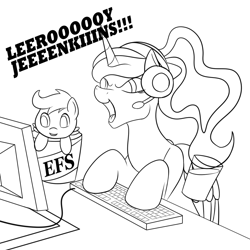 Size: 1500x1500 | Tagged: safe, artist:darnelg, imported from derpibooru, princess luna, scootaloo, alicorn, pegasus, pony, gamer luna, computer, cup, dexterous hooves, female, filly, glare, grin, headset, keyboard, kfc, leeroy jenkins, lineart, mare, meme, no catchlights, no pupils, open mouth, scootachicken, simple background, sitting, smiling, smirk, tongue out, warcraft, wat, white background, wings, world of warcraft