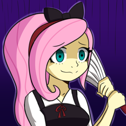 Size: 1504x1504 | Tagged: safe, artist:artiks, imported from derpibooru, fluttershy, equestria girls, bow, chika fujiwara, clothes, female, hair bow, internal screaming, kaguya-sama: love is war, paper fan, school uniform, solo