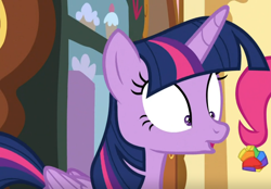 Size: 1218x850 | Tagged: safe, edit, edited screencap, imported from derpibooru, screencap, pinkie pie, twilight sparkle, alicorn, cakes for the memories, spoiler:cakes for the memories, spoiler:mlp friendship is forever, cropped, rainbow colors, spitting, surprised, twilight sparkle (alicorn)