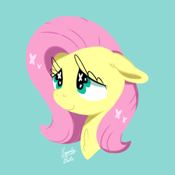 Size: 1600x1600 | Tagged: safe, artist:squeaky-belle, imported from derpibooru, fluttershy, pegasus, pony, bust, cute, female, floppy ears, lineless, mare, shyabetes, signature, simple background, solo, wingding eyes