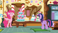 Size: 1600x900 | Tagged: safe, imported from derpibooru, screencap, pinkie pie, twilight sparkle, alicorn, cakes for the memories, spoiler:cakes for the memories, spoiler:mlp friendship is forever, bipedal, cake, candy, candy cane, dessert, food, logo, standing, sugarcube corner, table, twilight sparkle (alicorn), vase, watermark