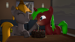 Size: 1920x1080 | Tagged: safe, artist:marianokun, imported from derpibooru, oc, oc only, oc:marianokun, oc:nuclear fusion, pony, unicorn, 3d, birthday, birthday cake, birthday hats, black forest cake, boop, cake, eyes closed, food, happy, portal (valve), source filmmaker, table, the cake is a lie