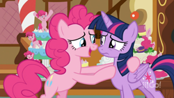 Size: 1600x900 | Tagged: safe, imported from derpibooru, screencap, pinkie pie, twilight sparkle, alicorn, pony, cakes for the memories, spoiler:cakes for the memories, spoiler:mlp friendship is forever, bipedal, cake, food, happy, holding a pony, hoof on chest, smiling, sugarcube corner, twilight sparkle (alicorn), watermark