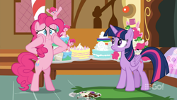 Size: 1600x900 | Tagged: safe, imported from derpibooru, screencap, pinkie pie, twilight sparkle, alicorn, earth pony, pony, cakes for the memories, spoiler:cakes for the memories, spoiler:mlp friendship is forever, bipedal, broken, cake, faic, food, mess, plate, rug, shattered, standing, standing on two hooves, sugarcube corner, table, twilight sparkle (alicorn), watermark, worried