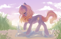 Size: 2383x1536 | Tagged: safe, artist:whiteliar, imported from derpibooru, oc, oc only, oc:golden glory, earth pony, pony, puddle, smiling, solo, splashing