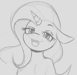 Size: 770x744 | Tagged: safe, artist:tre, imported from derpibooru, trixie, semi-anthro, unicorn, bedroom eyes, blushing, bust, dreamworks face, eyeshadow, female, floppy ears, gray background, grayscale, head tilt, human shoulders, looking at you, makeup, mare, monochrome, open mouth, simple background, sketch, smiling, solo, stray strand