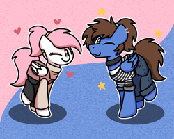 Size: 2560x2048 | Tagged: safe, artist:sugar morning, imported from derpibooru, oc, oc only, oc:bizarre song, oc:sugar morning, pegasus, clothes, couple, crossdressing, cute, female, heart, male, mare, oc x oc, ocbetes, shipping, simple background, stallion, stars, straight, sugarre