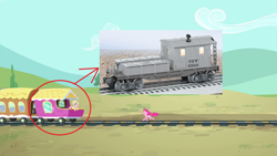 Size: 1280x720 | Tagged: safe, artist:conrail15, edit, edited screencap, imported from derpibooru, screencap, fluttershy, pinkie pie, three's a crowd, caboose car, comparison, friendship express, lionel, ms paint, train, train car