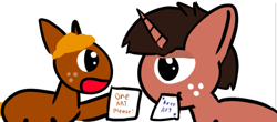 Size: 691x305 | Tagged: safe, artist:artdbait, imported from derpibooru, oc, oc only, oc:lil-k, unicorn, brown fur, brown hair, excited, freckles, horn, orange hair, paper, request, unamused, writing