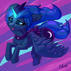 Size: 1300x1300 | Tagged: safe, artist:sinnah, imported from derpibooru, princess luna, alicorn, pony, cute, female, flying, glowing horn, horn, lunabetes, mare, open mouth, solo, spread wings, wings