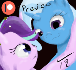 Size: 552x510 | Tagged: safe, artist:tunrae, imported from derpibooru, starlight glimmer, trixie, pony, unicorn, digital art, female, lesbian, patreon, patreon logo, patreon preview, shipping, simple background, startrix