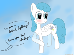 Size: 4032x3016 | Tagged: safe, artist:rainbowšpekgs, imported from derpibooru, lightning bolt, white lightning, pegasus, pony, cute, female, pick up line, pun, simple background, smiling, solo, speech bubble, standing, wings