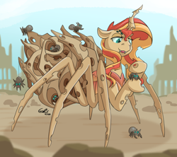 Size: 1280x1138 | Tagged: safe, artist:couchcrusader, imported from derpibooru, sunset shimmer, changeling, changeling queen, monster pony, original species, spider, spiderling, spiderpony, :o, adoracreepy, changeling hive, changelingified, creepy, cute, cuteling, desert, female, hiding, hiveling, implied transformation, lidded eyes, looking at you, open mouth, petting, pointing, ruins, smiling, solo, species swap, spiders in the comments, sunset spider, trypophobia, walking hive