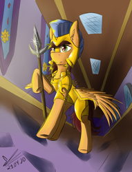 Size: 980x1280 | Tagged: safe, artist:yuris, imported from derpibooru, oc, oc only, oc:speedy winchester, pony, armor, canterlot, castle, guard, solo, spear, weapon