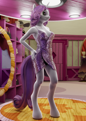 Size: 686x962 | Tagged: safe, artist:stellarator, imported from derpibooru, sweetie belle, anthro, unguligrade anthro, unicorn, comic:after hours at carousel boutique part 2, 3d, armpits, blender, blender cycles, breasts, carousel boutique, clothes, cycles, dress, not sfm, sequins