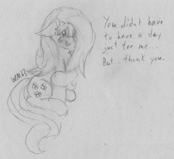 Size: 2255x2063 | Tagged: safe, artist:wapamario63, imported from derpibooru, fluttershy, pegasus, pony, blushing, cute, dialogue, female, fluttershy day, mare, monochrome, pencil drawing, shyabetes, sitting, solo, traditional art