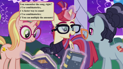 Size: 1280x720 | Tagged: safe, edit, edited screencap, imported from derpibooru, screencap, booksmart, honey lemon, moondancer, pony, unicorn, amending fences, book, combo jombo, cute, dancerbetes, female, hat, honeybetes, lyrics, magic, magic aura, mare, party, party hat, regina (singer), song reference, speech bubble, square one tv, telekinesis, text