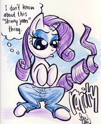 Size: 2540x3131 | Tagged: safe, artist:sketchywolf-13, imported from derpibooru, rarity, pony, unicorn, 2013, clothes, commission, female, horn, jeans, mare, pants, skinny jeans, solo, speech bubble, tail, text, traditional art