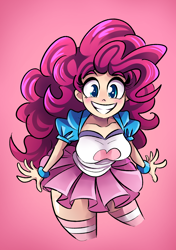 Size: 2360x3352 | Tagged: safe, artist:infestedpear, imported from derpibooru, pinkie pie, human, equestria girls, breasts, busty pinkie pie, clothes, colored pupils, cute, diapinkes, female, grin, high res, human coloration, humanized, looking at you, pink background, simple background, skirt, smiling, smiling at you, socks, solo, striped socks, zettai ryouiki