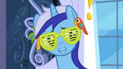 Size: 1920x1080 | Tagged: safe, imported from derpibooru, screencap, minuette, pony, unicorn, amending fences, cute, female, glasses, mare, minubetes, shutter shades, smiling, solo, sunglasses