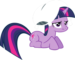 Size: 2750x2181 | Tagged: safe, artist:videogamesizzle, imported from derpibooru, twilight sparkle, pony, unicorn, friendship is magic, .svg available, female, frown, mare, pillow, pillow hat, prone, simple background, solo, transparent background, twilight is not amused, twilight sparkle is not amused, unamused, unicorn twilight, vector