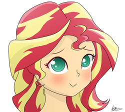 Size: 2048x1833 | Tagged: safe, artist:marshmallow-sugar, imported from derpibooru, sunset shimmer, human, equestria girls, blushing, bust, colored pupils, cute, female, humanized, portrait, shimmerbetes, simple background, smiling, solo, white background