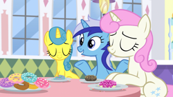 Size: 1920x1080 | Tagged: safe, imported from derpibooru, screencap, lemon hearts, minuette, twinkleshine, pony, unicorn, amending fences, donut, female, food, mare, trio