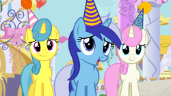 Size: 1920x1080 | Tagged: safe, imported from derpibooru, screencap, lemon hearts, minuette, twinkleshine, pony, unicorn, amending fences, female, hat, mare, party hat, trio