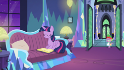 Size: 1920x1080 | Tagged: safe, imported from derpibooru, screencap, spike, twilight sparkle, alicorn, dragon, pony, amending fences, couch, crystal, door, female, male, mare, twilight sparkle (alicorn), twilight's castle