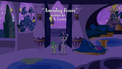 Size: 1920x1080 | Tagged: safe, imported from derpibooru, screencap, spike, twilight sparkle, alicorn, dragon, pony, amending fences, duo, female, male, mare, night, opening credits, twilight sparkle (alicorn), twilight's canterlot home