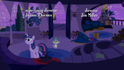 Size: 1920x1080 | Tagged: safe, imported from derpibooru, screencap, spike, twilight sparkle, alicorn, dragon, pony, amending fences, duo, female, male, mare, night, opening credits, twilight sparkle (alicorn), twilight's canterlot home