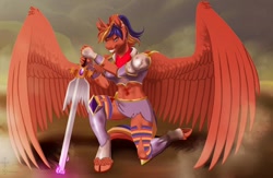 Size: 1280x832 | Tagged: safe, artist:milkydreams, imported from derpibooru, oc, oc only, oc:rainbow breaker, alicorn, anthro, unguligrade anthro, alicorn oc, armor, commission, digital art, fantasy class, female, horn, magic, pose, solo, sword, warrior, weapon, wings