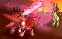 Size: 1280x800 | Tagged: safe, artist:milkydreams, imported from derpibooru, oc, oc:rainbow breaker, alicorn, kirin, pony, alicorn oc, armor, commission, digital art, fantasy class, female, fight, fire, glowing horn, horn, kirin oc, magic, mare, shield, sunset, sword, tail, warrior, weapon, wings