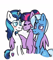 Size: 1280x1460 | Tagged: safe, artist:malupokebr, imported from derpibooru, shining armor, trixie, twilight sparkle, alicorn, pony, unicorn, blushing, brother and sister, deviantart watermark, eyes closed, female, headcanon, hug, male, mare, obtrusive watermark, siblings, sisters, smiling, stallion, twilight sparkle (alicorn), watermark, winghug