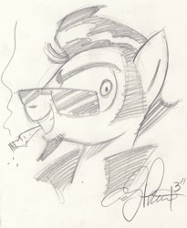 Size: 1024x1249 | Tagged: safe, artist:andypriceart, artist:sketchywolf-13, imported from derpibooru, oc, oc only, oc:sketchy, earth pony, pony, 2013, cigarette, clothes, gift art, looking at you, male, monochrome, ponysona, self portrait, simple background, smoke, smoking, solo, stallion, sunglasses, traditional art, white background