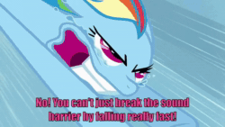 Size: 640x360 | Tagged: safe, edit, imported from derpibooru, screencap, rainbow dash, pegasus, pony, sonic rainboom (episode), animated, female, flying, gritted teeth, haha money printer go brrr, lightning, meme, ponified meme, rainbow trail, solo, sonic rainboom, sound barrier, teary eyes, text