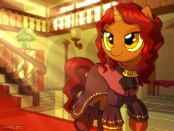 Size: 800x600 | Tagged: safe, artist:rangelost, imported from derpibooru, oc, oc only, oc:brass bolts, pony, unicorn, alternate hairstyle, boots, bracelet, clothes, colored, crepuscular rays, curly mane, daybreak island, detailed background, dress, female, jewelry, mansion, mare, necklace, pixel art, shoes, solo, stairs