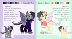 Size: 5000x2700 | Tagged: safe, artist:liefsong, imported from derpibooru, dracony, dragon, hybrid, pony, claws, clothes, ear piercing, earring, female, hoodie, jewelry, piercing, reference sheet, siblings, sisters, twins, wingding eyes