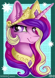 Size: 1600x2263 | Tagged: safe, artist:julunis14, imported from derpibooru, princess cadance, alicorn, pony, accessory swap, alternate hairstyle, bust, crown, ear fluff, female, implied princess celestia, jewelry, looking at you, mane swap, mare, peytral, portrait, regalia, smiling, solo