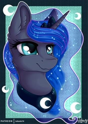 Size: 1600x2263 | Tagged: safe, artist:julunis14, imported from derpibooru, princess luna, alicorn, pony, bust, crown, ear fluff, female, jewelry, mare, peytral, portrait, regalia, smiling, solo