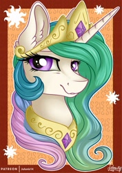 Size: 1600x2263 | Tagged: safe, artist:julunis14, imported from derpibooru, princess celestia, alicorn, pony, bust, crown, ear fluff, female, jewelry, looking at you, mare, peytral, portrait, regalia, smiling, solo