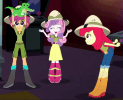Size: 850x692 | Tagged: safe, imported from derpibooru, screencap, apple bloom, gummy, scootaloo, sweetie belle, eqg summertime shorts, equestria girls, the canterlot movie club, animated, arcade game, belt, boots, clothes, cropped, cutie mark crusaders, gif, happy, hat, jeans, jumping, lifting, pants, plushie, shoes, shorts, skirt, smiling