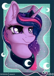 Size: 1600x2263 | Tagged: safe, artist:julunis14, imported from derpibooru, twilight sparkle, alicorn, pony, accessory swap, alternate hairstyle, bust, constellation, crown, ear fluff, ethereal mane, female, flowing mane, implied princess luna, jewelry, mane swap, mare, peytral, portrait, regalia, smiling, solo, twilight sparkle (alicorn)