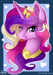 Size: 1600x2264 | Tagged: safe, artist:julunis14, imported from derpibooru, princess cadance, alicorn, pony, bust, crown, ear fluff, female, jewelry, looking at you, mare, peytral, portrait, regalia, solo, tongue out